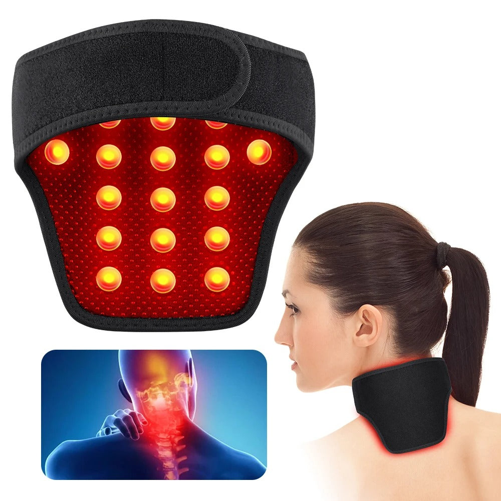Fitlybuy black self-heating neck brace with red magnetic thermal dots, worn by a woman with a neck pain diagram.