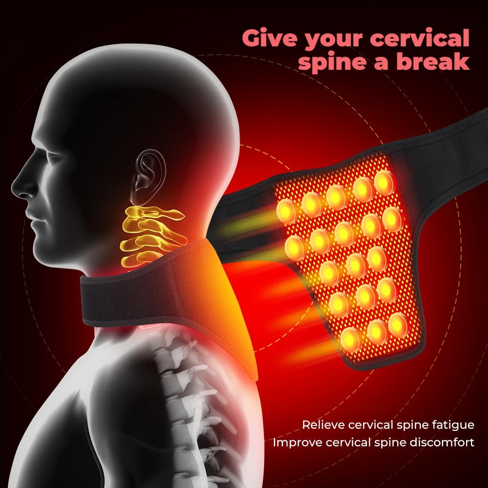 Fitlybuy self-heating black neck brace with ThermoRelief glowing heat nodes, shown on a person to relieve neck pain.
