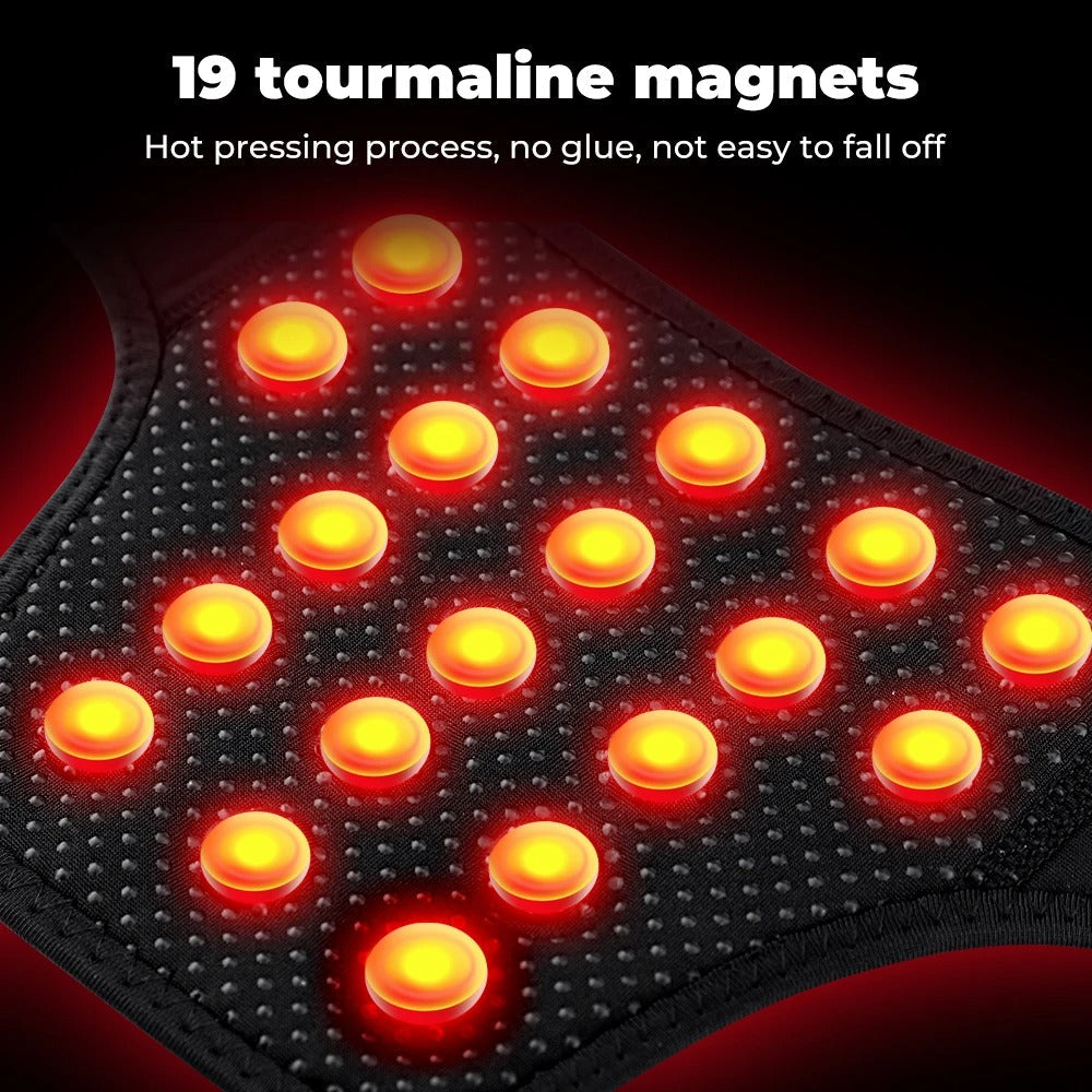 Fitlybuy black neck brace with 19 glowing orange tourmaline magnets for self-heating therapy.