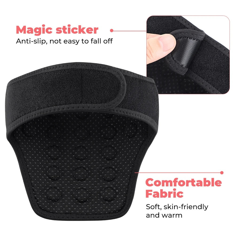 Fitlybuy black self-heating neck brace featuring a secure magic sticker closure and soft, comfortable fabric lining.