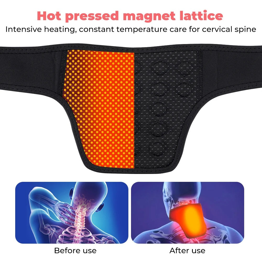 Fitlybuy black self-heating neck brace with magnetic lattice. Shows before/after relief for cervical spine pain.