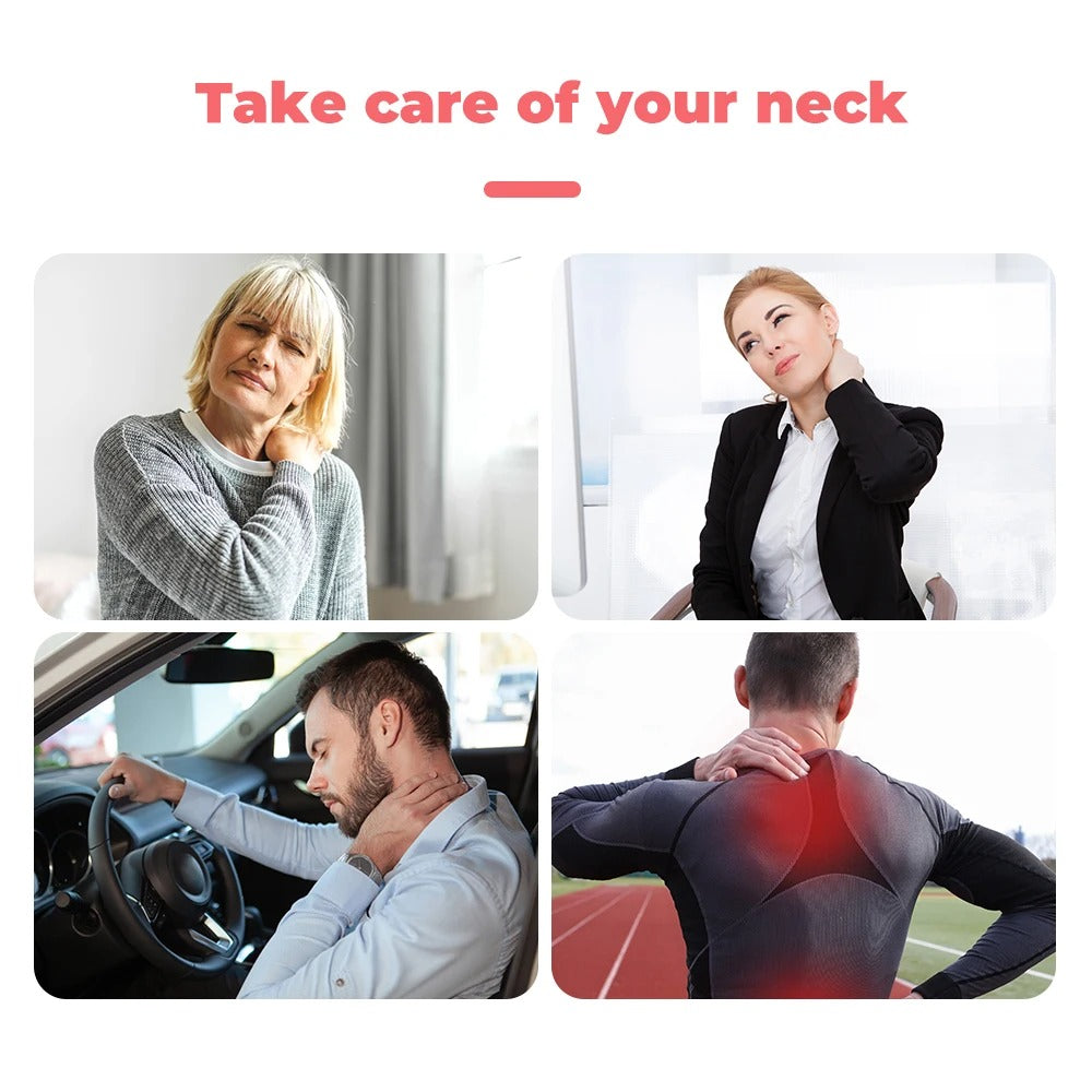 People experiencing neck and back pain in various settings, promoting the Fitlybuy Self Heating Neck Brace.