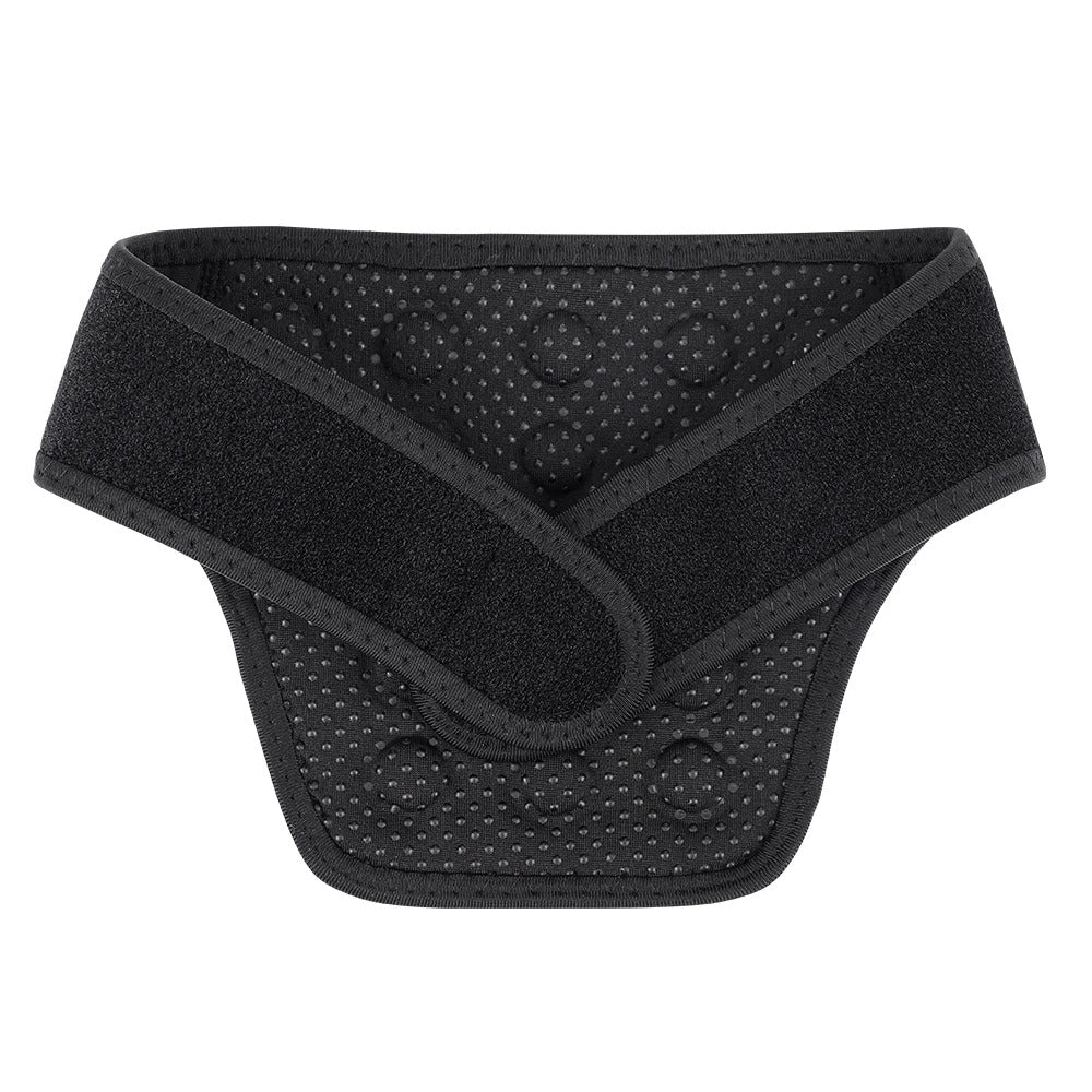 Fitlybuy black self-heating neck brace with ThermoRelief texture and adjustable Velcro straps on a white background.