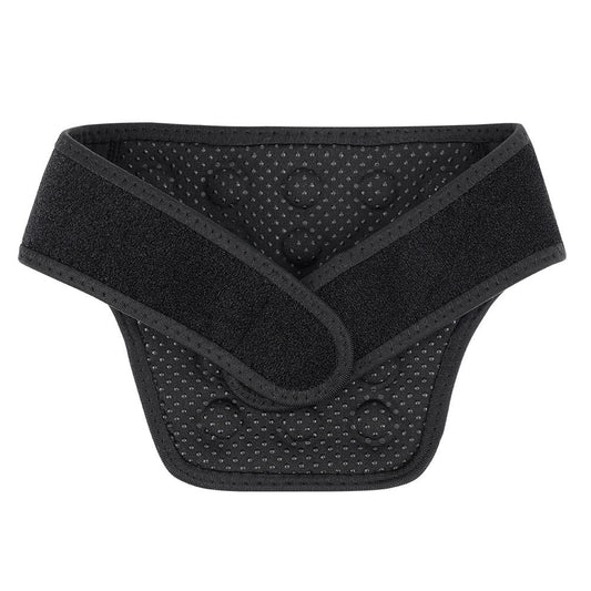 Fitlybuy black self-heating neck brace with ThermoRelief texture and adjustable Velcro straps on a white background.
