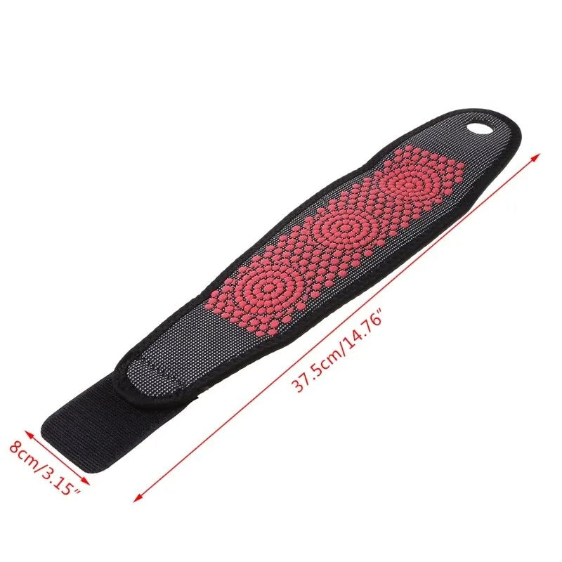 Fitlybuy self-heating wrist band with red ThermoComfort dots on black fabric, featuring dimensional measurement labels.