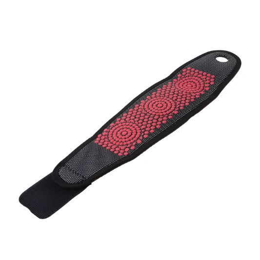 Fitlybuy self-heating wrist band in black with pink ThermoComfort magnetic dots on a white background.