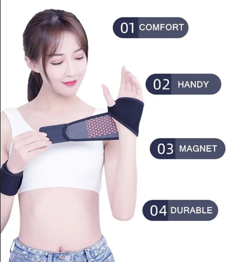 Woman wearing black Fitlybuy self-heating wrist band with red magnetic dots and ThermoComfort technology.
