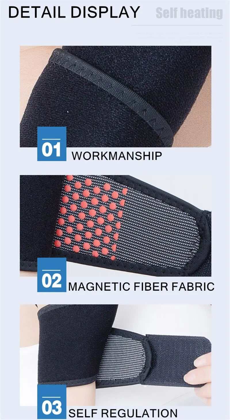 Fitlybuy black self-heating wrist band showing durable seams, red magnetic heating dots, and adjustable velcro strap.