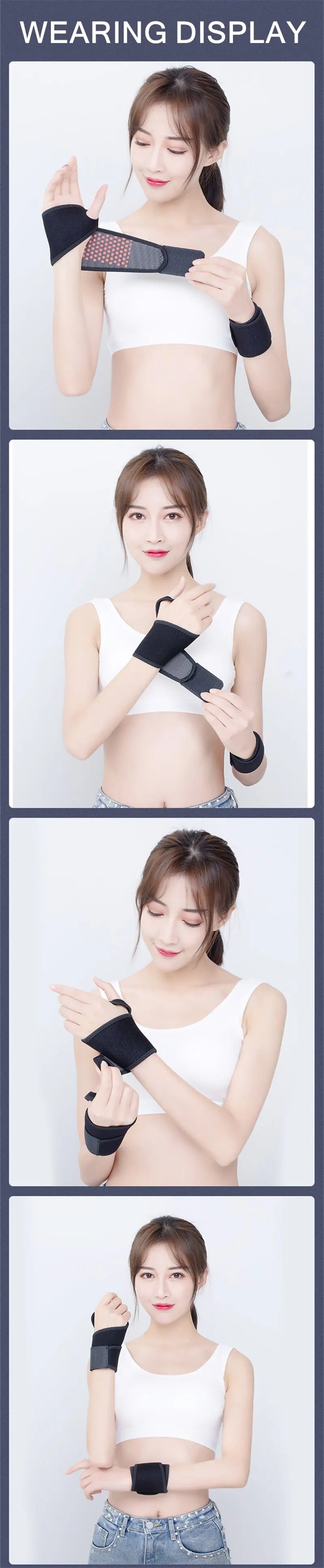 Woman demonstrates applying the black Fitlybuy self-heating wrist band with red ThermoComfort heating dots.