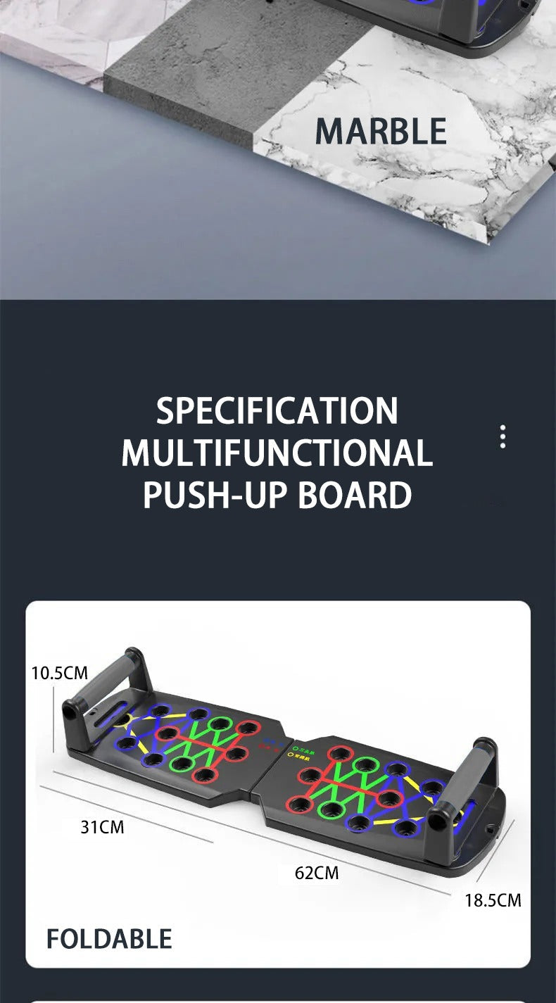 Black Fitlybuy folding push-up board with colorful muscle-target diagrams and ergonomic grips, shown with dimensions.
