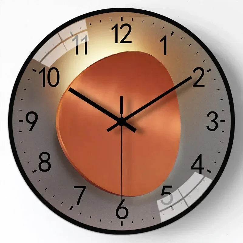 Fitlybuy silent wall clock with a gold and gray gradient face, black hands, and numerals. Modern, non-ticking design.