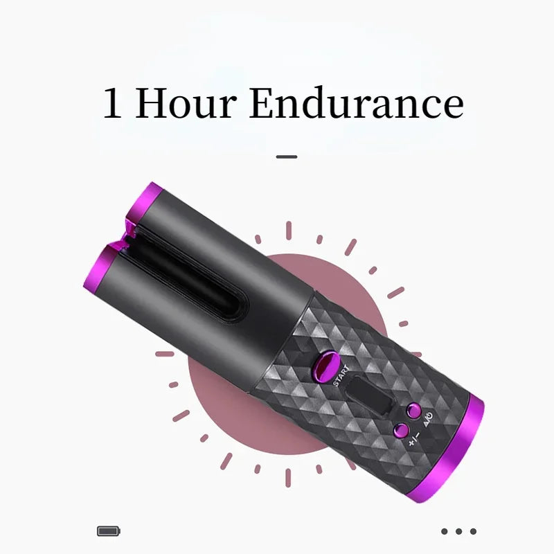 Fitlybuy Amara wireless automatic curling iron in black and purple with SmartCurl tech and 1-hour battery life.
