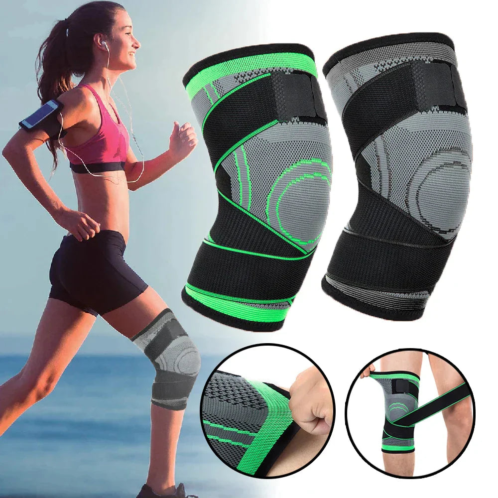 Fitlybuy compression knee sleeve with SupportFlex straps, shown on a runner and in detail, in grey, black, and green.