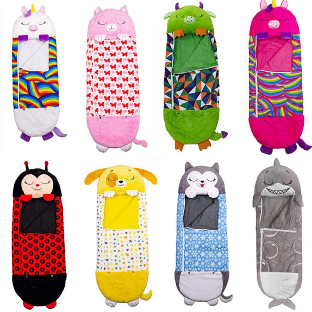 Eight Fitlybuy SnugglePals kids' animal sleeping bags in various colors, patterns, and plush, cozy designs.
