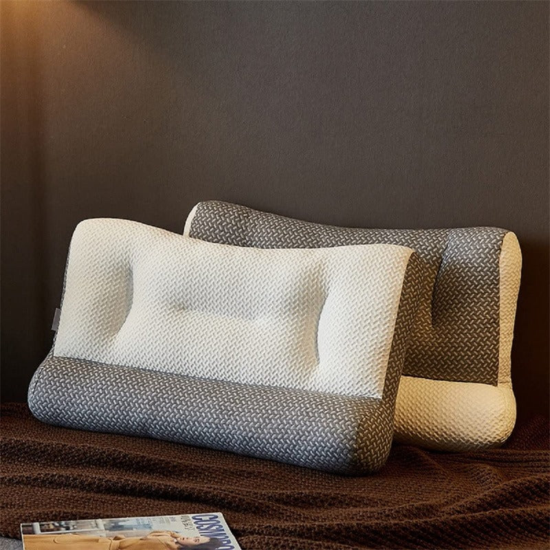 Fitlybuy ergonomic adaptive foam pain relief pillows in white and grey, textured pattern, on a bed with a magazine.