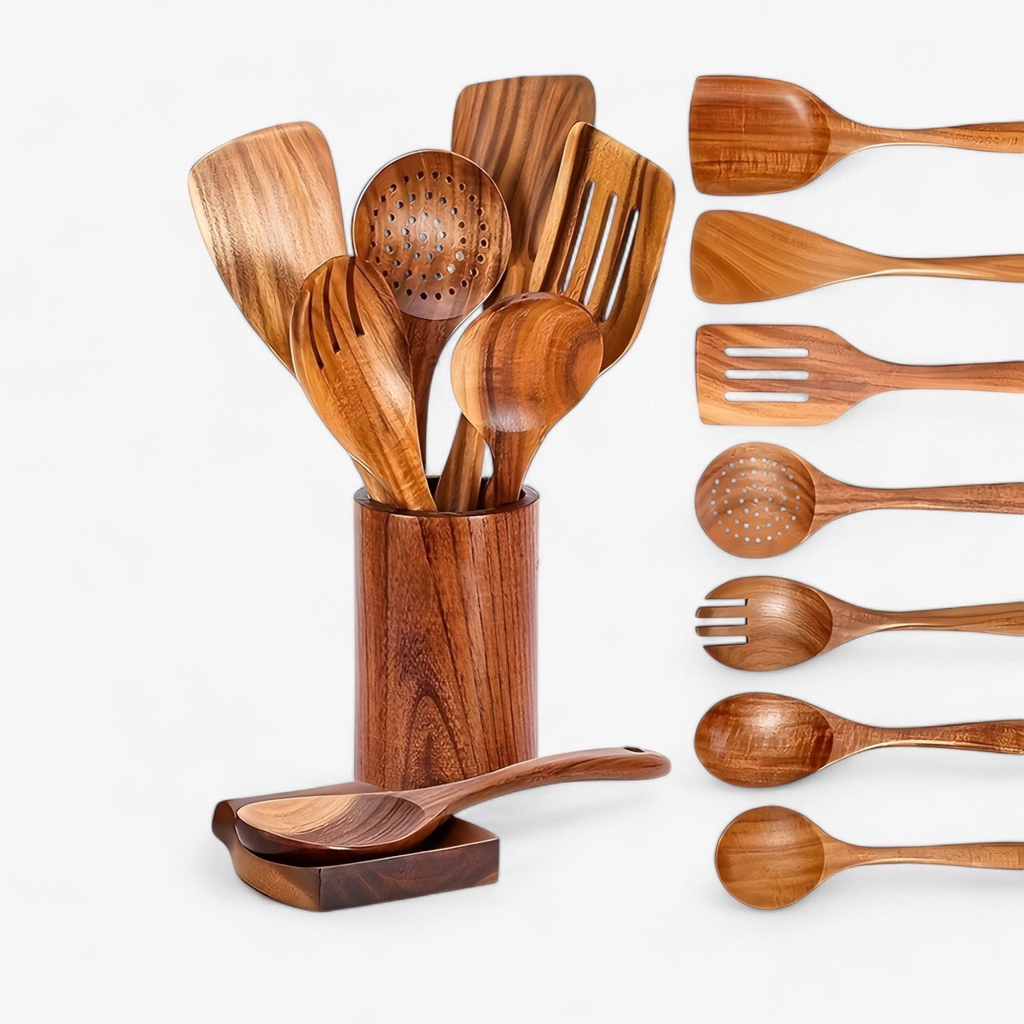 Fitlybuy 9-piece premium teak wood kitchen utensil set with matching wooden holder and spoon rest.