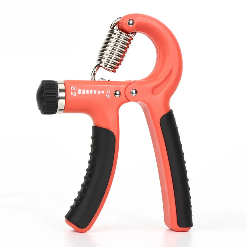 Adjustable orange and black Fitlybuy hand gripper with a metal spring, showing resistance range from 5kg to 60kg.