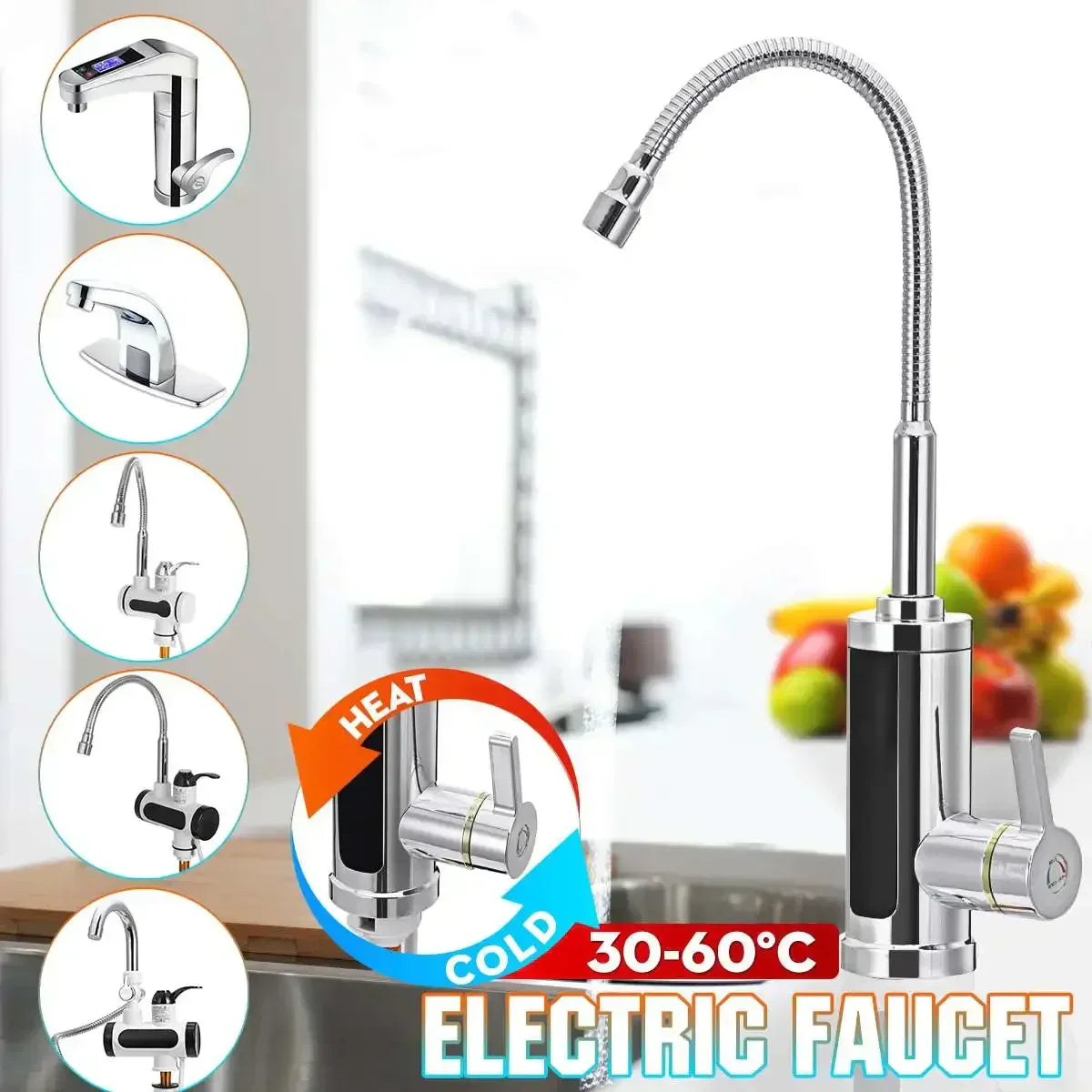 Fitlybuy 3000W electric kitchen tap with flexible chrome neck, digital temp display, and hot/cold water lever.