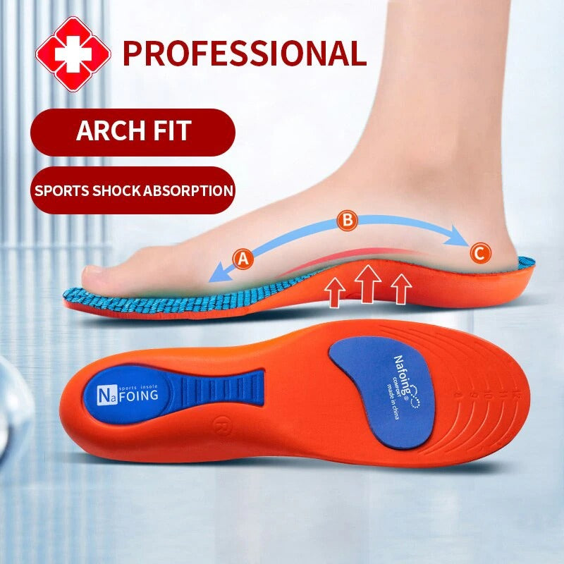 Fitlybuy orthopedic orange and blue insoles with ComfortFlex arch support technology shown under a foot for shock relief.