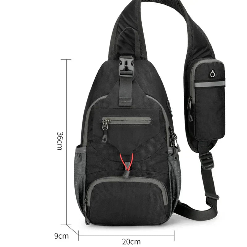 Black Fitlybuy waterproof sling backpack with multi-pockets, shoulder strap pouch, and 36x20x9cm dimension labels.