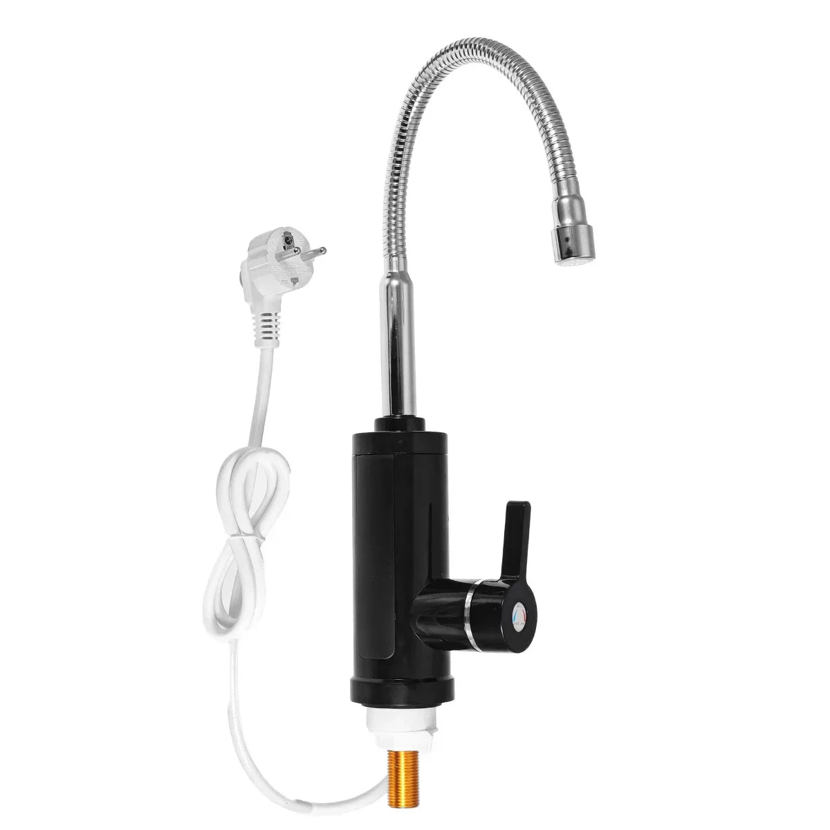 Fitlybuy FlowHeat 3000W electric kitchen tap in black, featuring a flexible chrome neck and power cord with a plug.