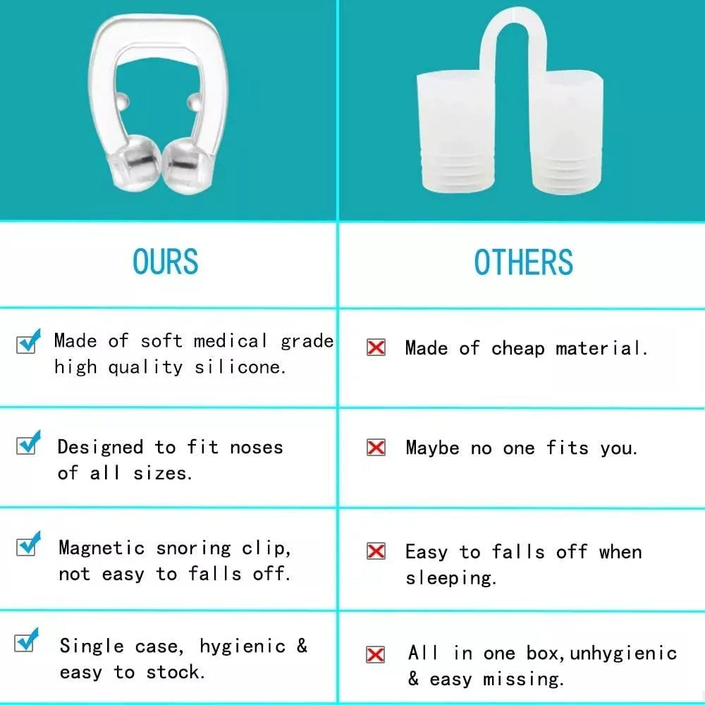 Comparison chart showing Fitlybuy clear silicone magnetic anti-snoring nose clip vs. a generic competitor.