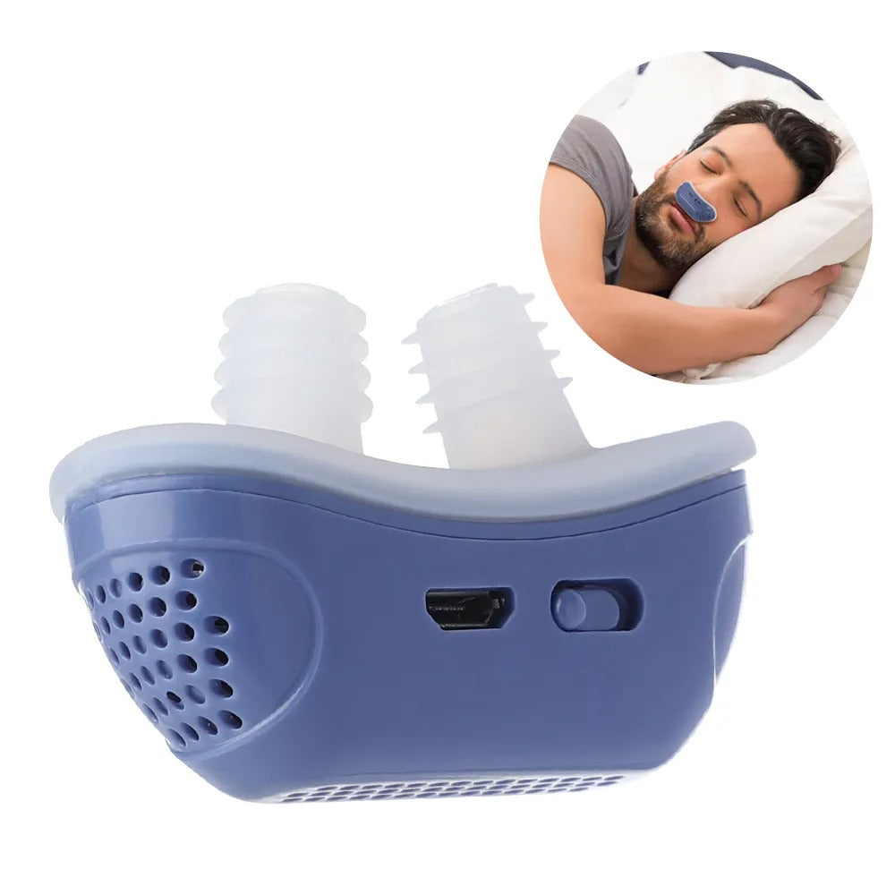 Fitlybuy blue silicone anti-snoring nasal dilator with transparent inserts, shown in use by a sleeping man.