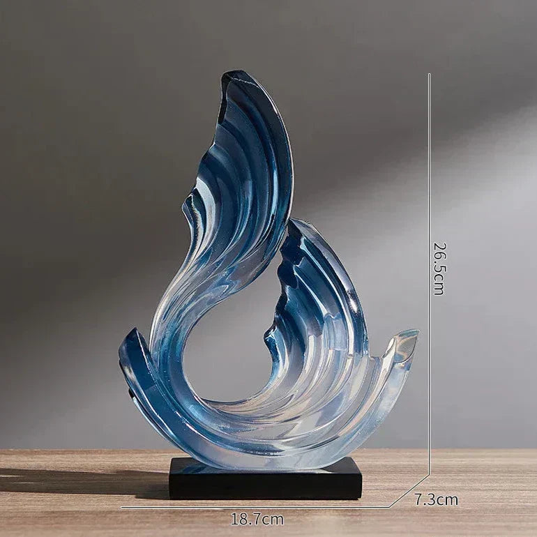 Fitlybuy blue glass ornament with a swirling, wave-like design on a black base, showcasing dimensions 26.5x18.7x7.3cm.