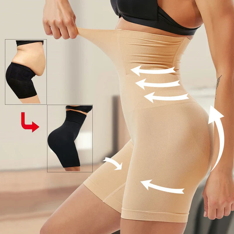 Beige Fitlybuy high-waist tummy shaper shorts with arrows showing compression, with before/after insets in black.