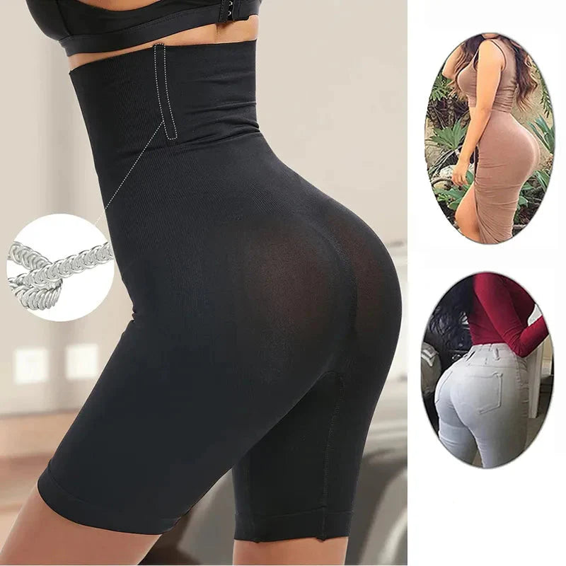 Black high-waisted Fitlybuy Curve Sculptor shaper shorts with body-shaping support, shown on a model in circular insets.