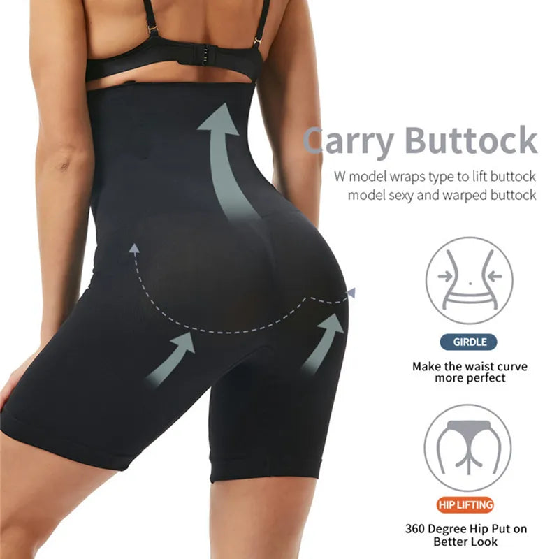 Fitlybuy black high-waist tummy transformer shaper with diagrams showing butt-lifting technology and waist contouring.