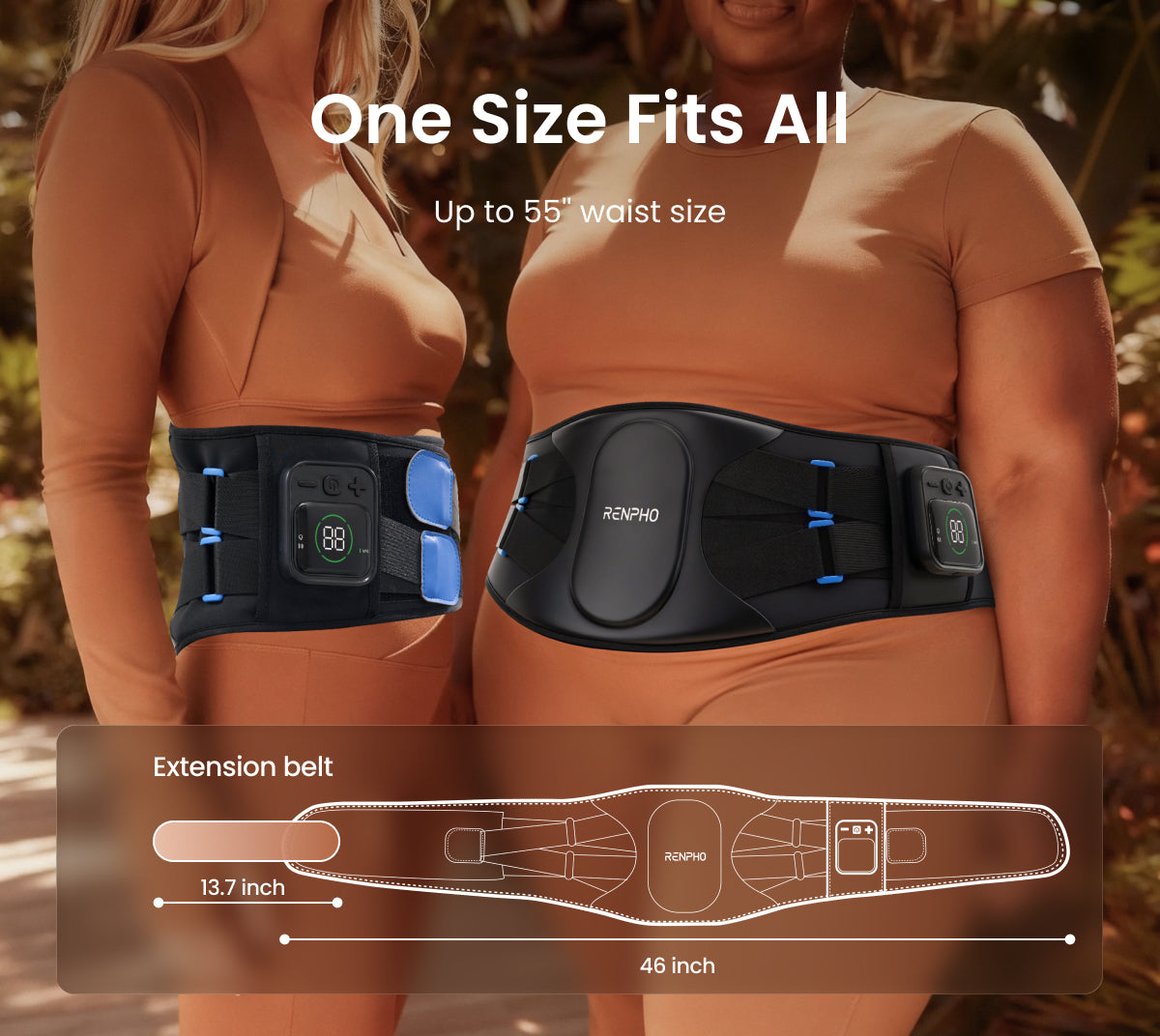 Two women wearing the black, ergonomic Fitlybuy Emberace cordless back massager with digital control and extension belt.