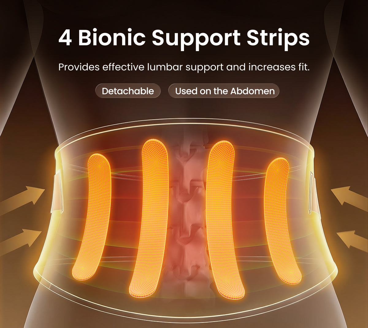 Fitlybuy Emberace back massager waistband with 4 orange, glowing bionic support strips for lumbar and abdominal relief.