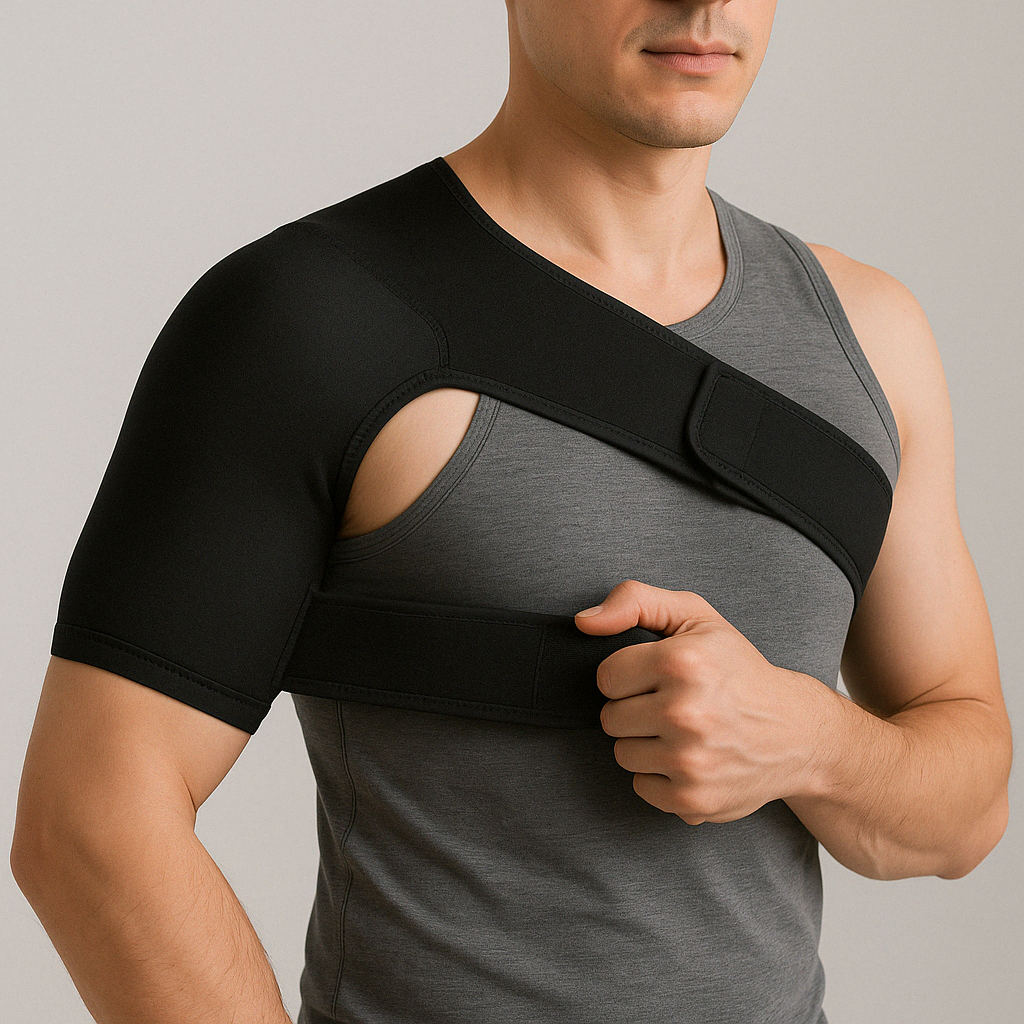 Man wearing a black Fitlybuy compression shoulder brace with adjustable straps over a grey tank top.