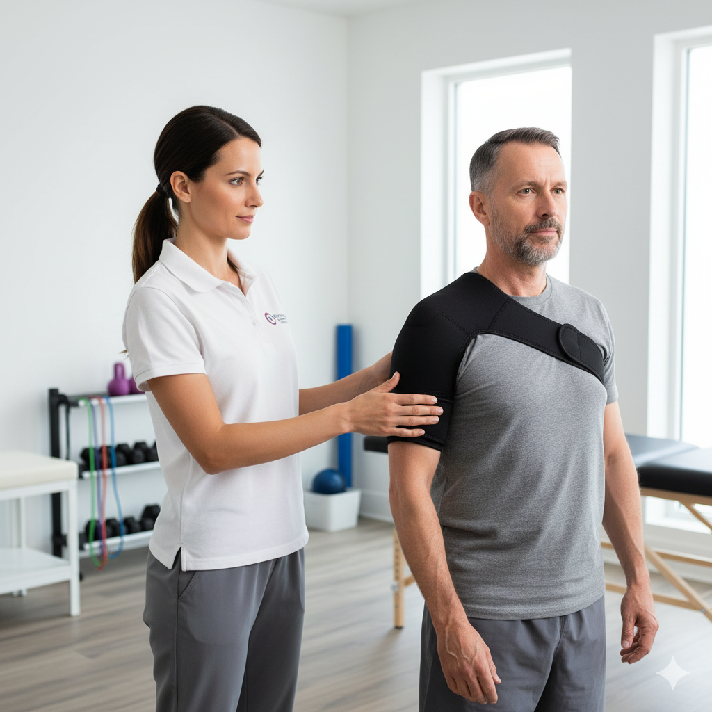 Man wearing a black Fitlybuy compression shoulder brace while a physical therapist assists in a clinical office.