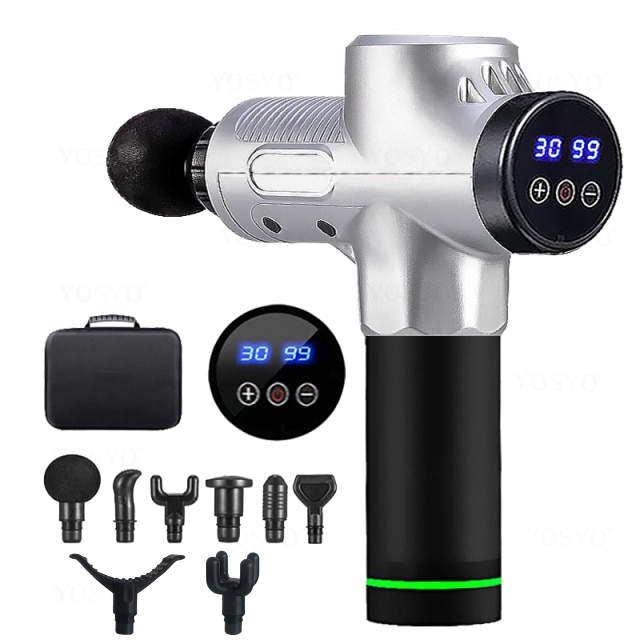 Silver and black Fitlybuy ProMassage X1 massage gun with HyperPulse display, carry case, and 8 interchangeable heads.