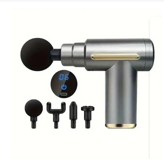 Fitlybuy grey massage gun with digital display, power button, and four interchangeable deep tissue massage heads.