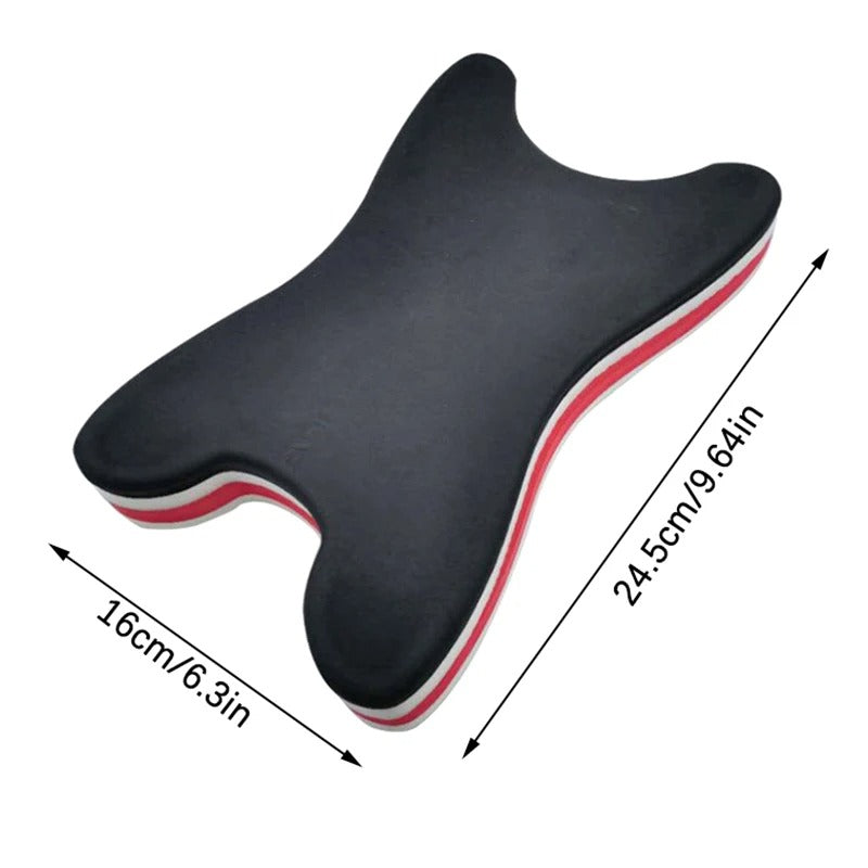Black orthopedic neck traction pillow with ergonomic design, featuring red and white side layers and dimension markers.