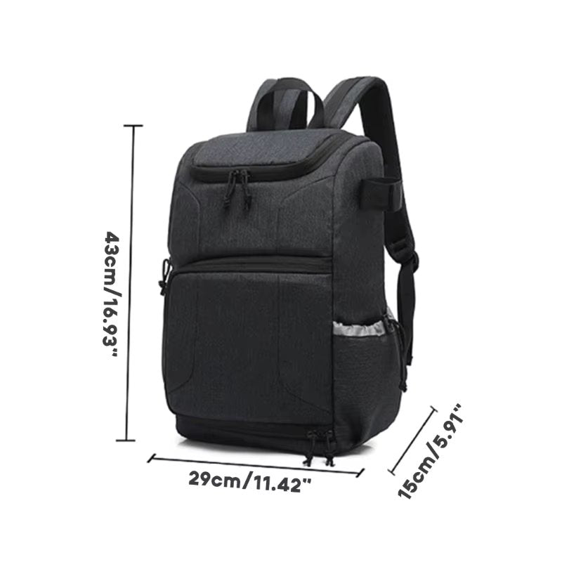 Dark grey Fitlybuy Beckett waterproof camera backpack with dimensions 43x29x15cm, featuring protective gear compartments.