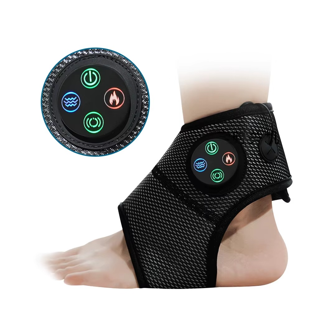 Fitlybuy black mesh ankle massage brace featuring heat and vibration controls, shown on a foot with a zoomed-in display.