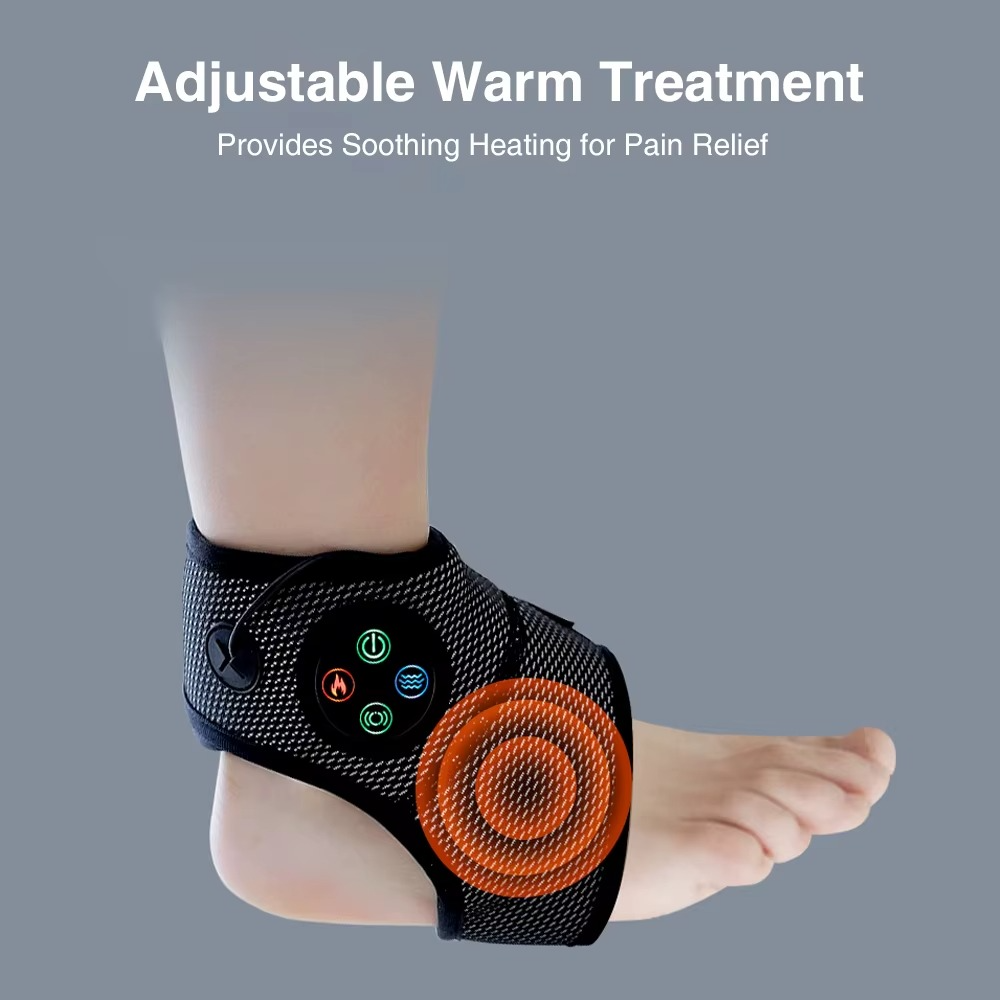 Fitlybuy smart black mesh ankle massage brace with heat and vibration control buttons worn on a foot.