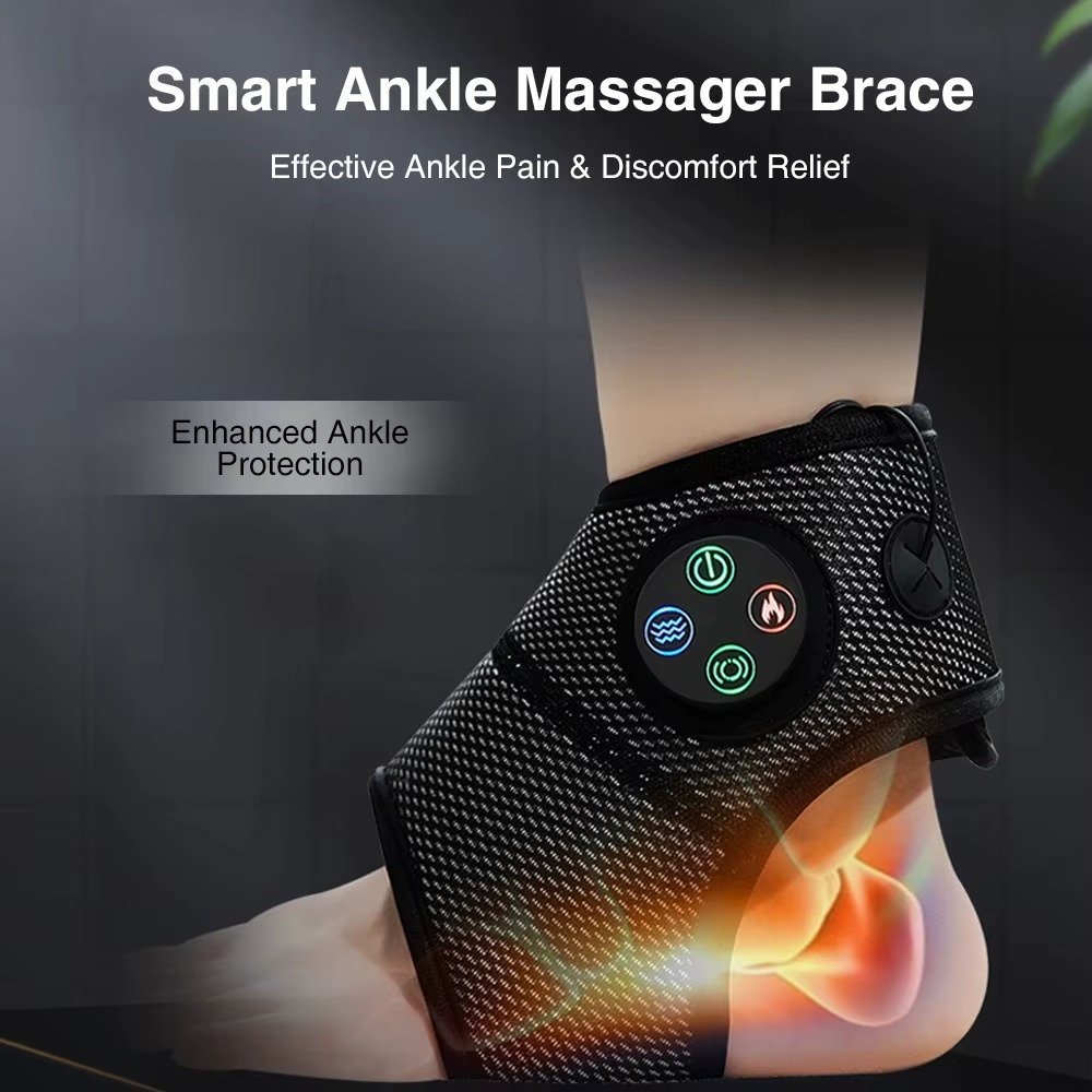 Black Fitlybuy smart ankle brace with illuminated control buttons, heat therapy, and vibration for pain relief.