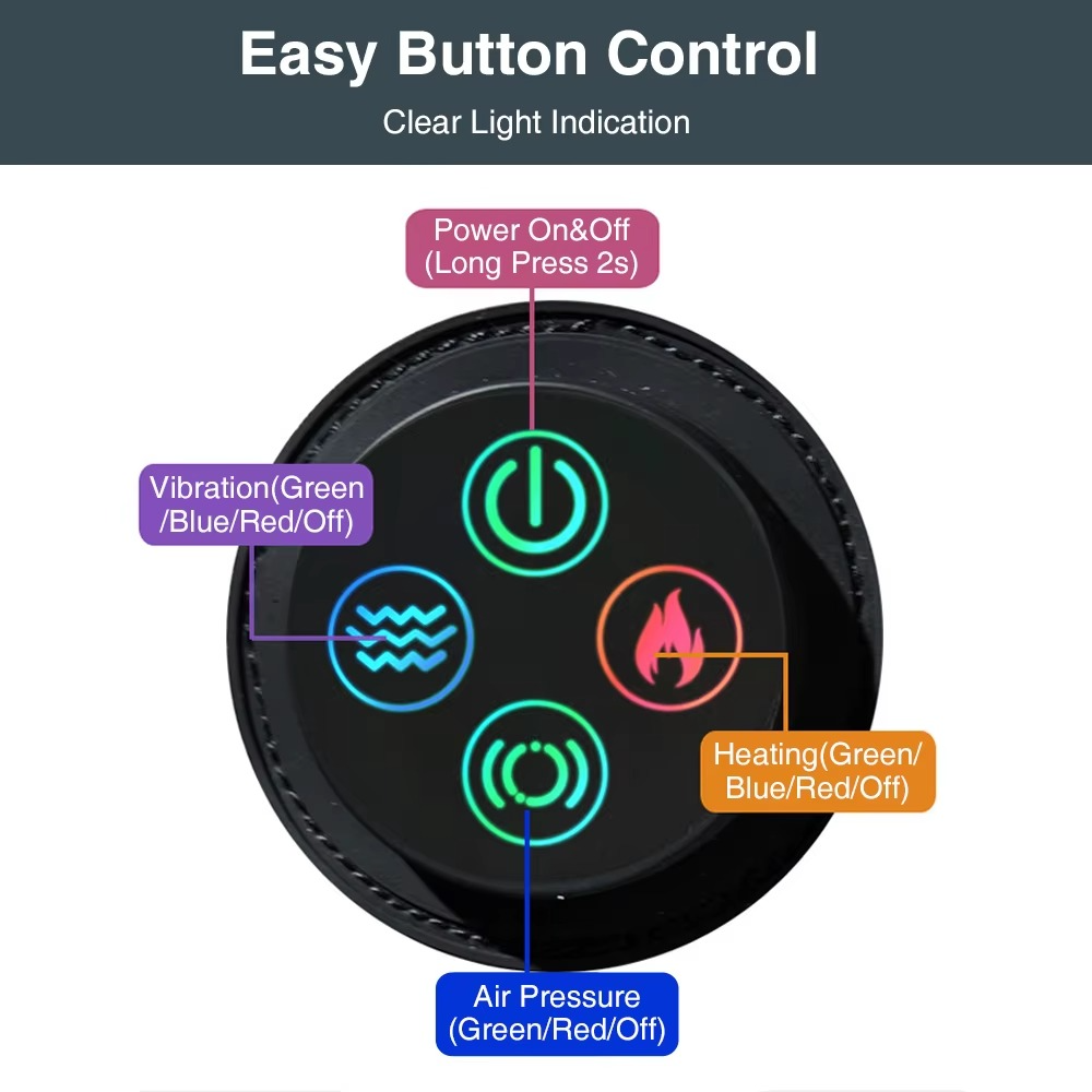 Fitlybuy ankle massage brace circular control panel with light-up icons for power, vibration, heat, and air pressure.