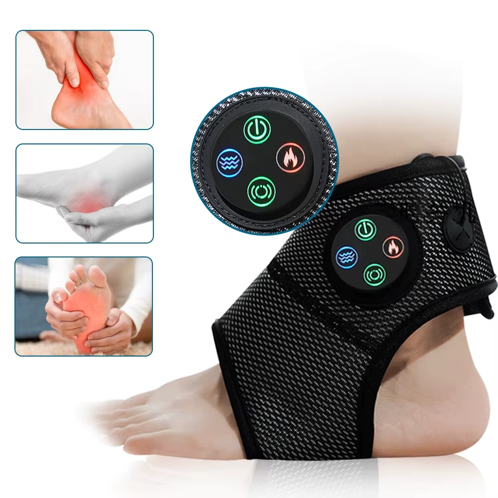 Fitlybuy black mesh ankle massage brace with heat and vibration control panel, shown on foot to relieve pain.