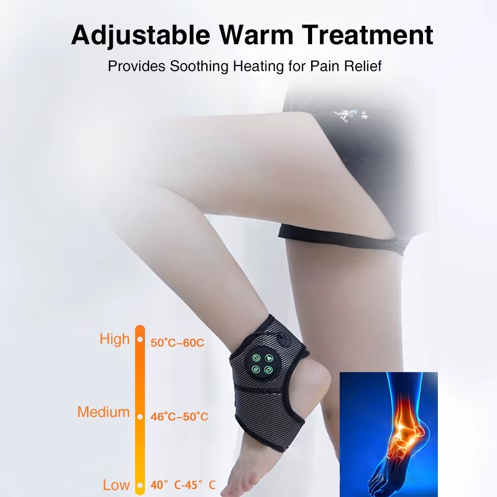 Black mesh Fitlybuy ankle massage brace with heat control buttons on a person's leg, showing temperature settings.