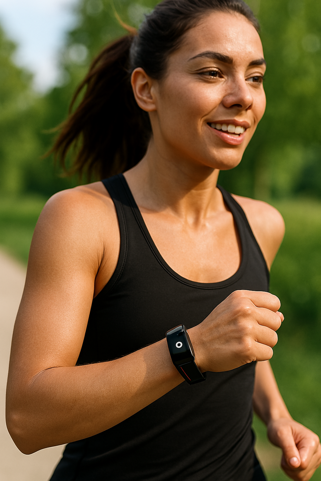 Woman running outdoors wearing a sleek, black Fitlybuy SmartFit Bluetooth health smartwatch with a circular display.
