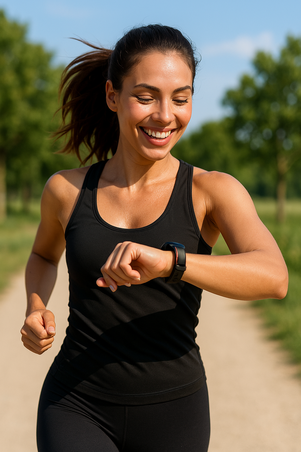 Smiling woman running outdoors wearing a black Fitlybuy SmartFit health monitoring Bluetooth smartwatch on her wrist.