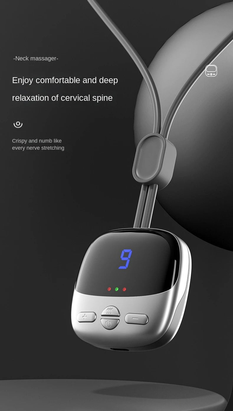 Fitlybuy silver hanging neck massager with digital display, control buttons, and soothing vibration technology.