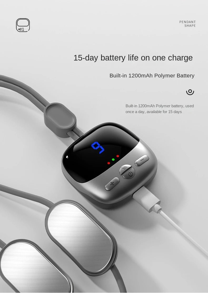 Fitlybuy grey hanging neck massager with digital display, metal electrodes, and USB charging for 15-day battery life.
