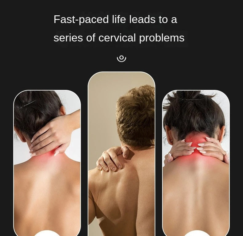 People touching sore necks highlighted in red to demonstrate need for Fitlybuy Smart Cervical Spine Massager.